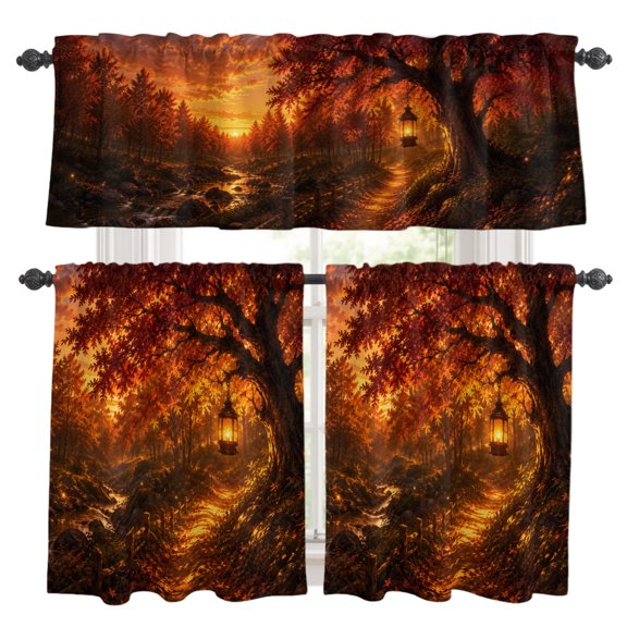 Fall Forest Kitchen Curtains and Valances Set, Golden Yellow Maple Trees Path Landscape Rustic Country Rod Pocket Window Valance Window Curtain Panels for Living Room Bedroom, 27.5x24in, 3 Pieces