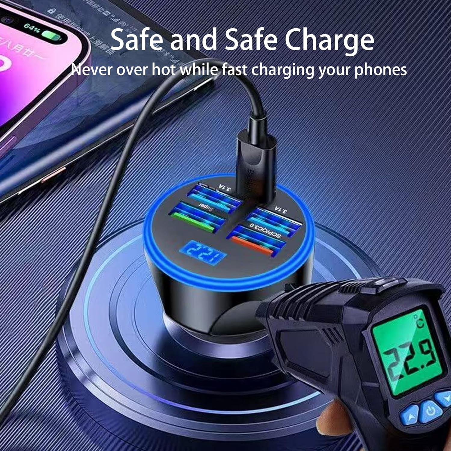 Full PD 30W Multi Port USB C Car Charger Adapter 5 in 1 with Voltage Display, PD4.0/QC4.0/PPS/AFC Super Fast Charging Cigarette Lighter Adapter with Volt Meter for MacBook iPhone Galaxy Android
