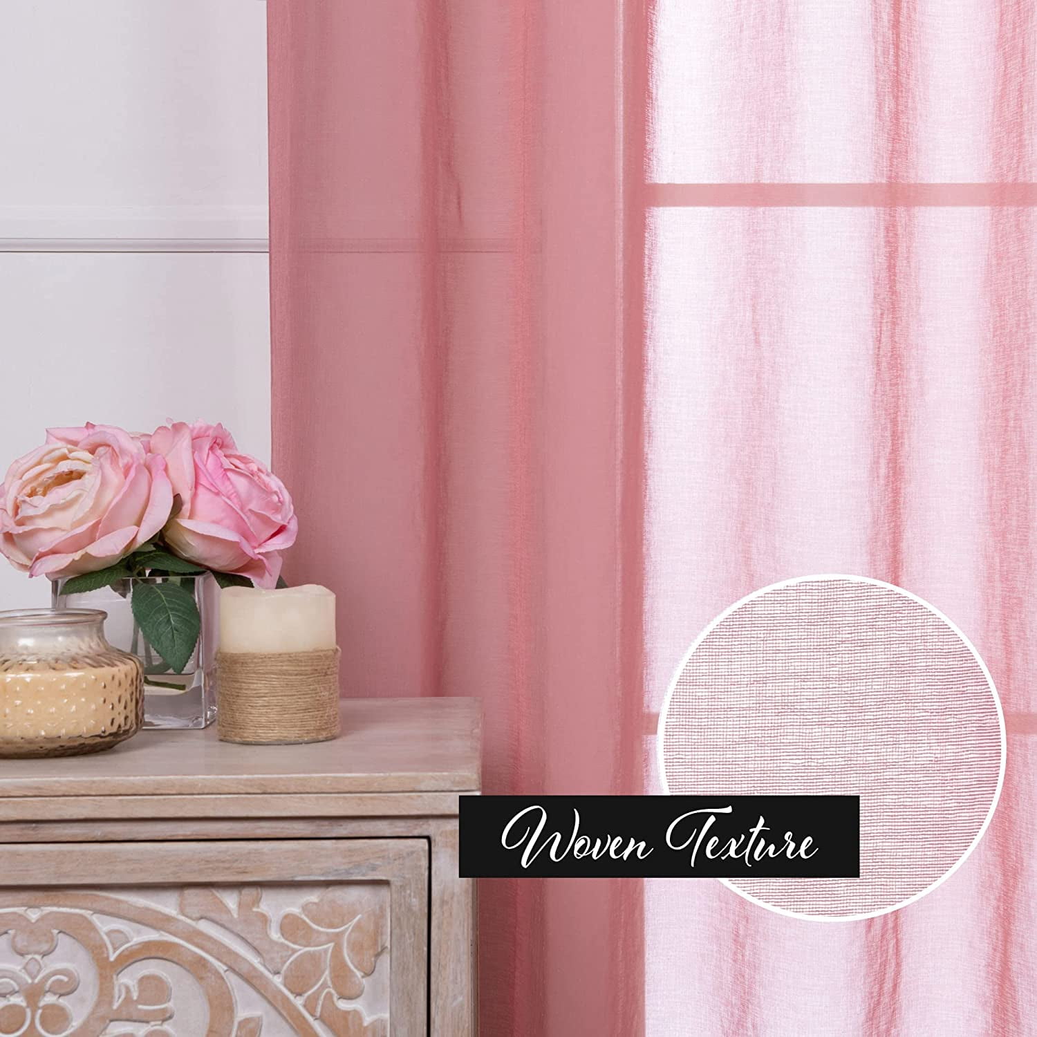 Quality Home Set of 2 Linen-Textured Semi-Sheer Curtain Panels – Rod Pocket Faux Linen Window Treatment for Living Room, Dining Room, Bedroom (Mauve, 52" W x 84 " L)