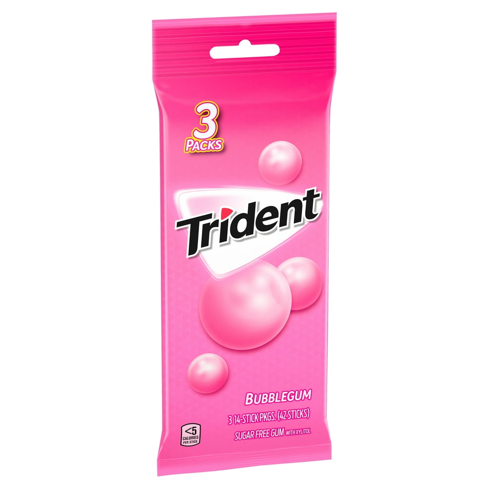 Trident Bubblegum Sugar Free Gum with Xylitol, 14 count, 3 pack