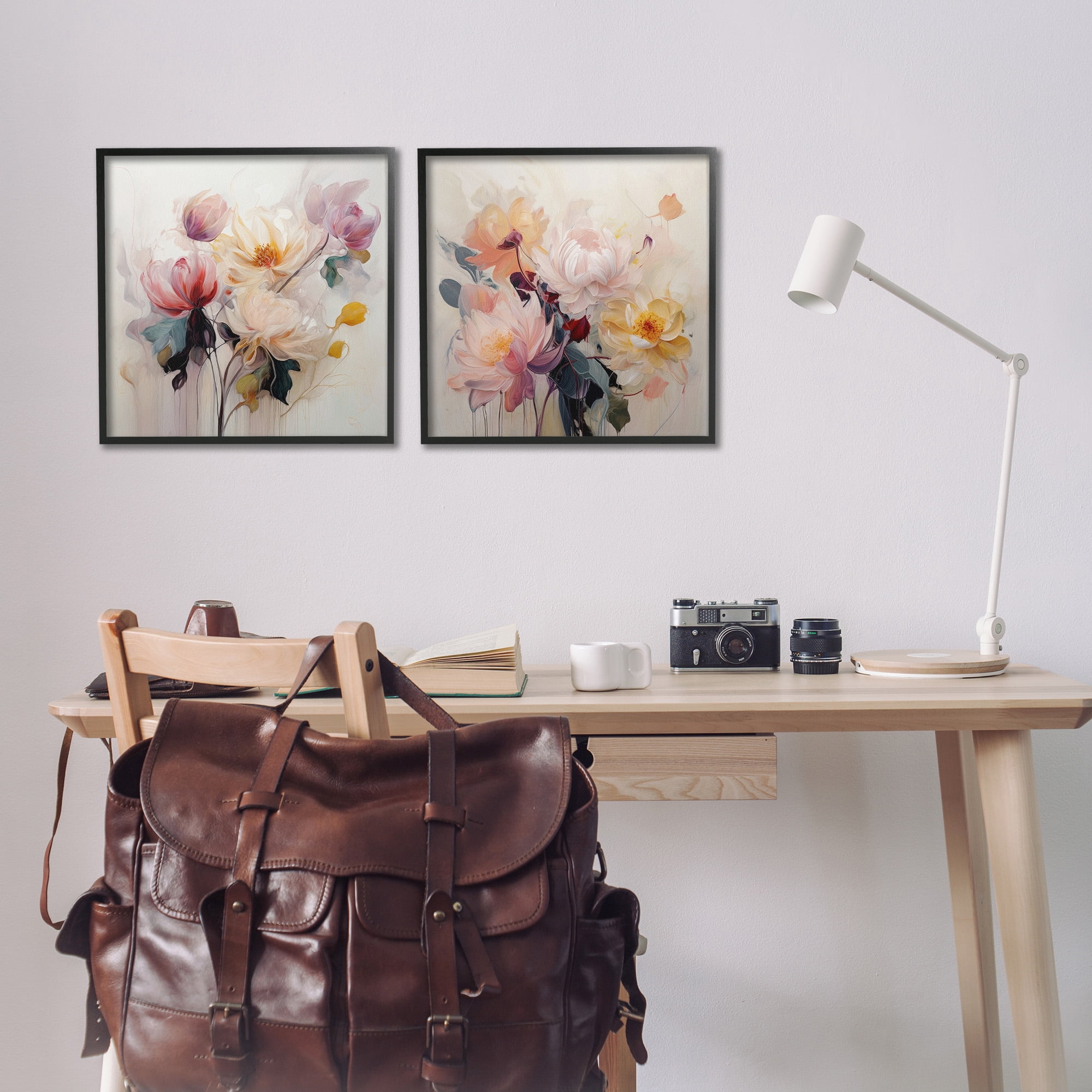 Stupell Industries Soft Blooms on Beige Botanical & Floral Painting Black Framed Art Print Wall Art, 17 x 17, Set of 2
