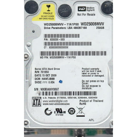 WD2500BMVV-11A1PS0, DCM HANTJBBB, Western Digital 250GB USB 2.5 Hard Drive