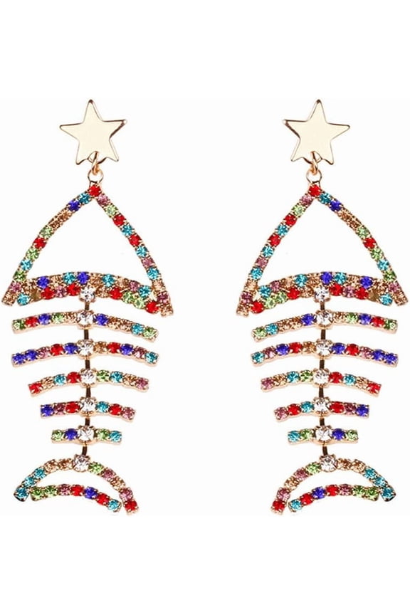 Multicolor Crystal CZ Fishbone Dangle Earrings for Women Statement Large Long Fish Skeleton Earrings