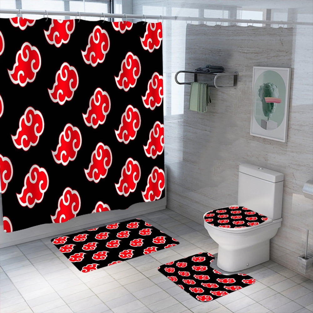 Naruto0 Uchiha Sasuke Shower Curtain Bath Mat Toilet Lid Cover Bathroom Set 4PCS 