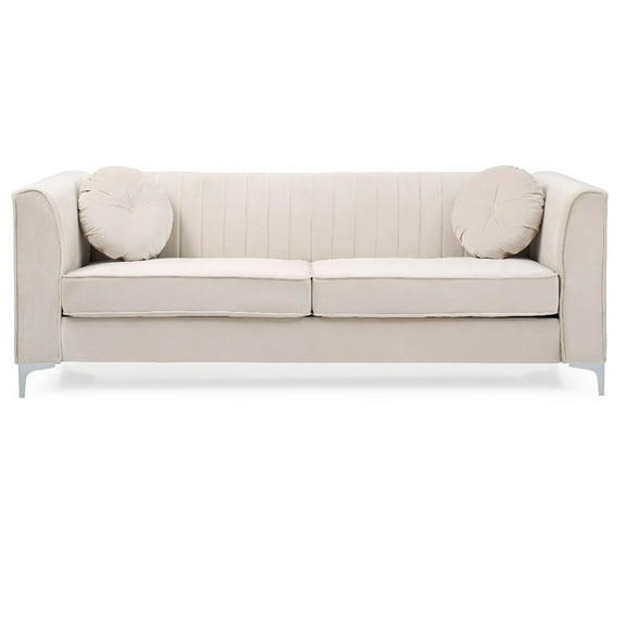 Contemporary Home Living Channel Tufted Velvet 2-Seater Sofa with Throw Pillows - 87" - Beige