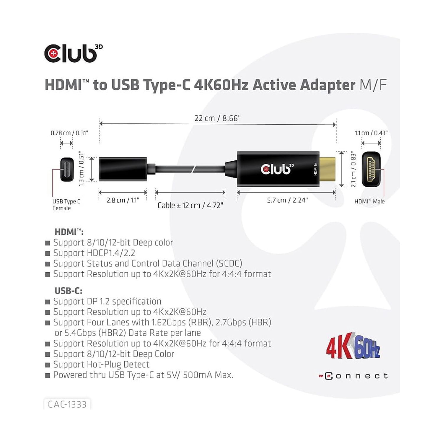 Club3D HDMI to USB Type-C 4K60Hz Active Adapter, Black