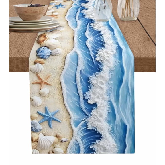 Hokiten Table Runners 90 Inches Long Dress Scarves, Sea Coastal Farmhouse Coffee/Dining/Kitchen Table Runner for Living Room, Summer Ocean Starfish Conch Blue Beach 13x90 Inch