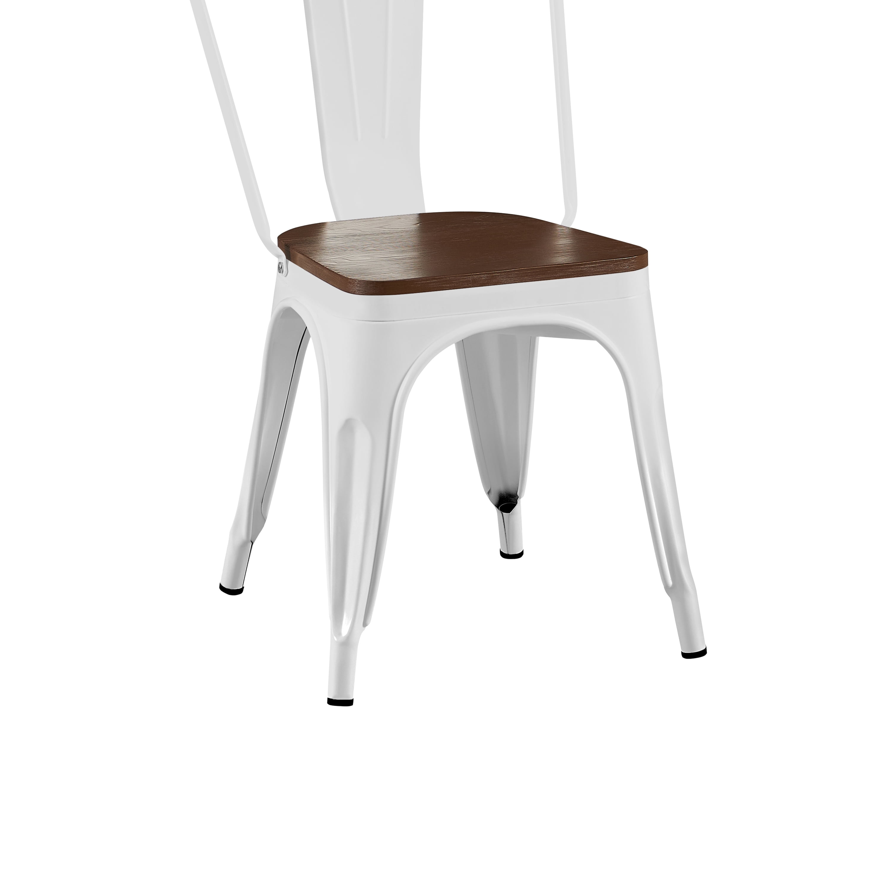 High Gloss White with Walnut Wooden Seat Industrial Metal Dining Chairs 18 Inch Seat Height Stackable, Set of 4
