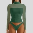 thumbnail image 2 of Lace Mesh Sheer Long Sleeve Tops for Women Double Line Crop Tank Neck Fitted Tight T Shirts Blouses Green S, 2 of 4