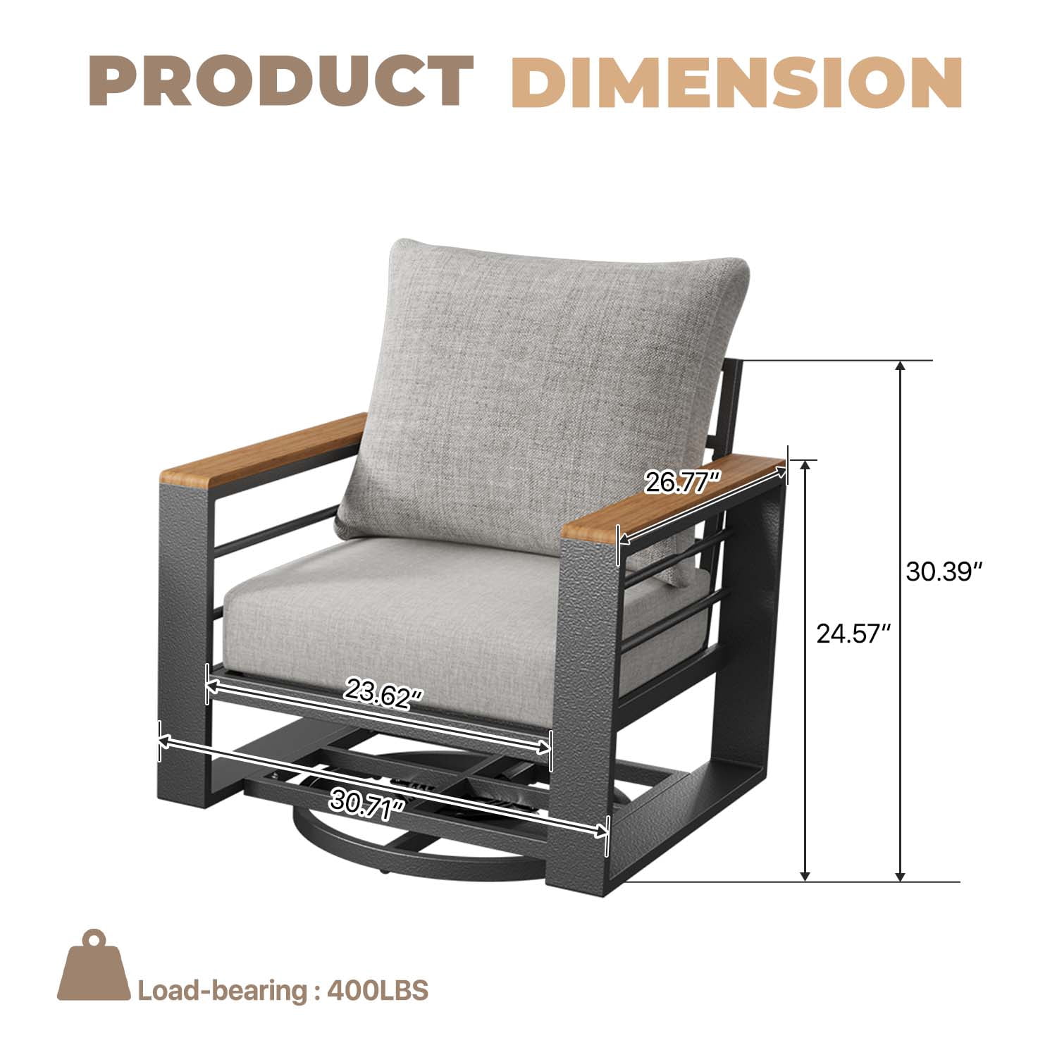 BaPiPro 2PCS Outdoor Swivel Patio Chairs, All Aluminum Frame with Wood-Look Armrest, 24 Inch Extra Wide Seat Fade Resistant Cushioned Single Sofa Chairs for Backyard Pool, Light Gray