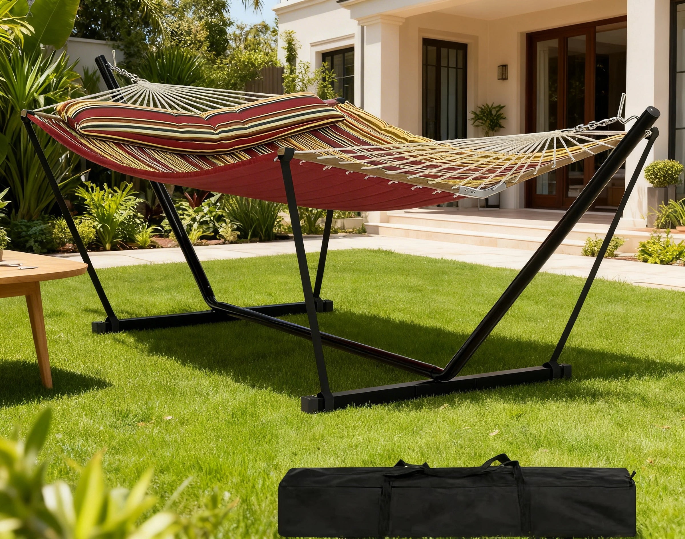 Garvee Double Hammock with Stand, Heavy Duty with Balance Rope, Red & Yellow Stripes