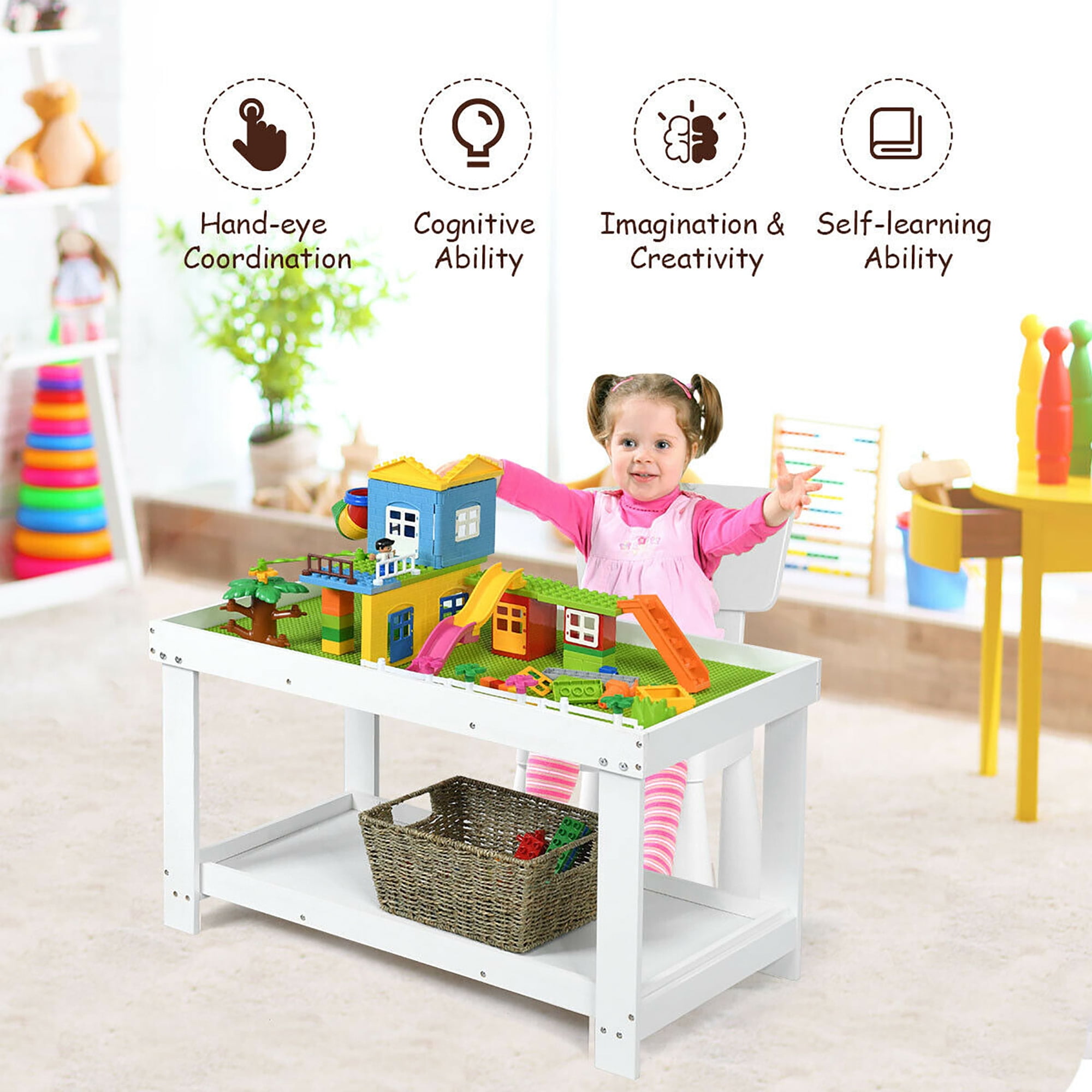 Gymax Solid Wood Block Table Kids Activity Play Table Multifunction W/Storage White