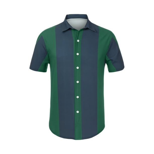 Camisas hawaianas manga corta botones botones a rayas playeras verde azul oscuro T S