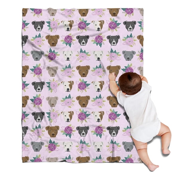 Cute Pitbull Terriers Dog and Flower Blanket,Comfortable Soft Flannel Throw Blanket,All Season,Warm Lightweight Blankets for Sofa Bed Couch Living Room Chair,30"x40"