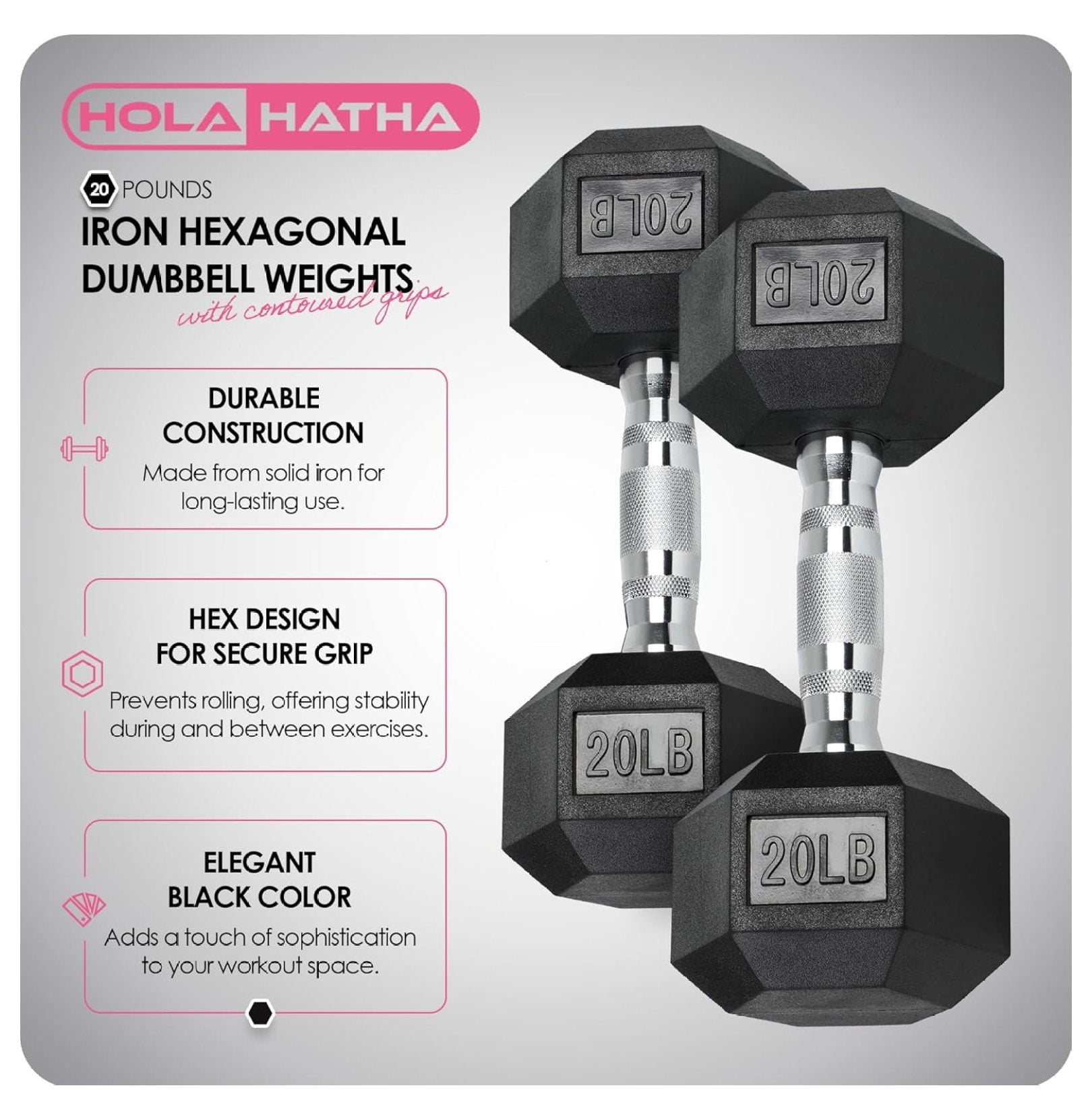 Iron Hexagonal Cast Exercise Dumbbell Free Weight with Contoured Textured Grip for Home Gym Exercise and Strength Training