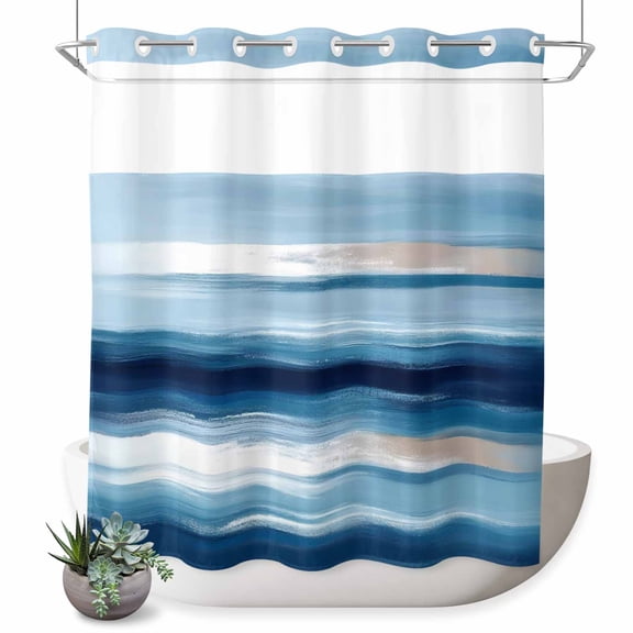 No Hook Shower Curtain with Built-in Rings - Blue Brush Textured Washable Waterproof Fabric Bathroom Curtains for Hotel,Rentals, 66 X 72 Inch Long , Abstract Watercolor Ocean