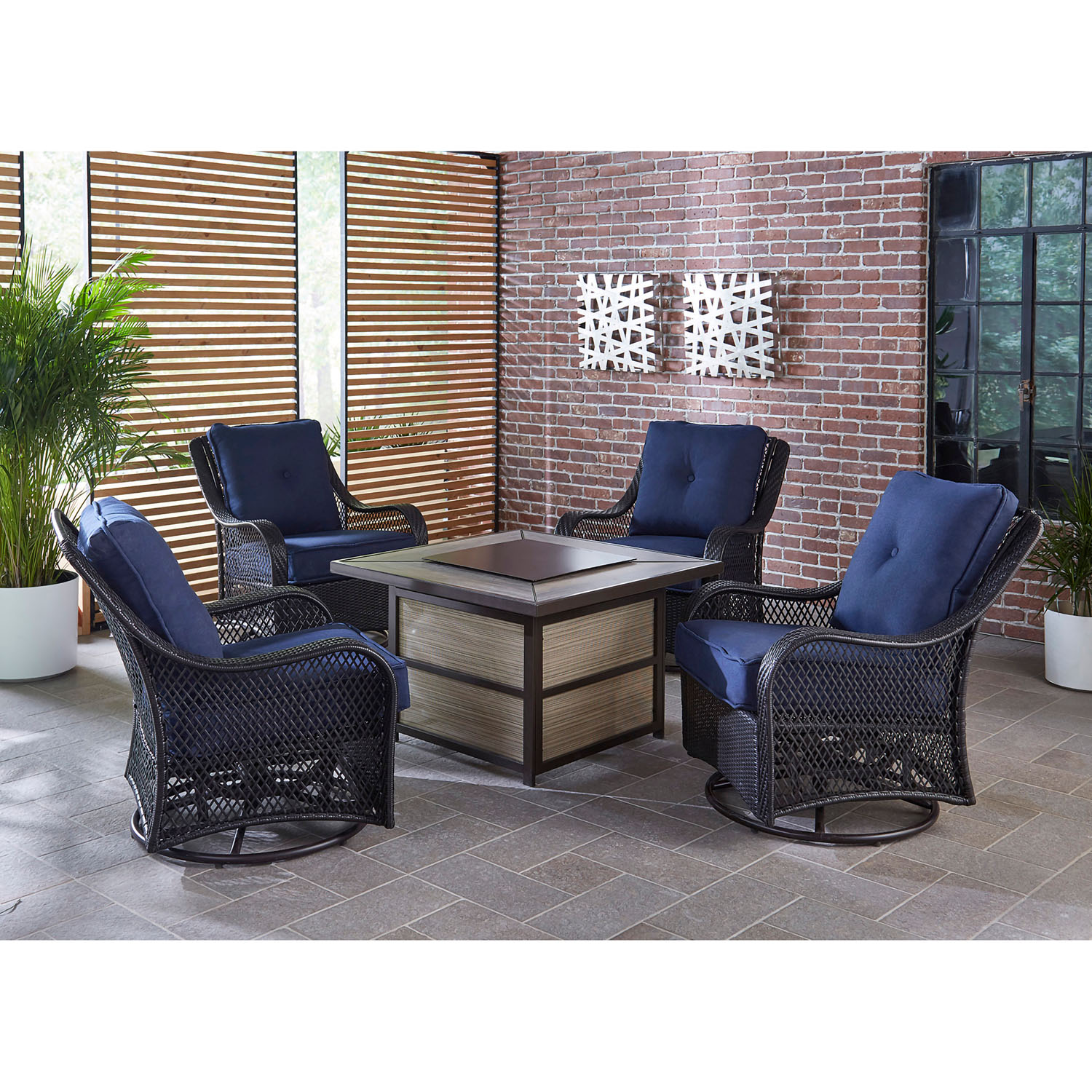 Hanover Orleans 5-Piece Fire Pit Chat Set with a 40,000 BTU Fire Pit Table and 4 Woven Swivel Gliders in Navy Blue - image 2 of 11
