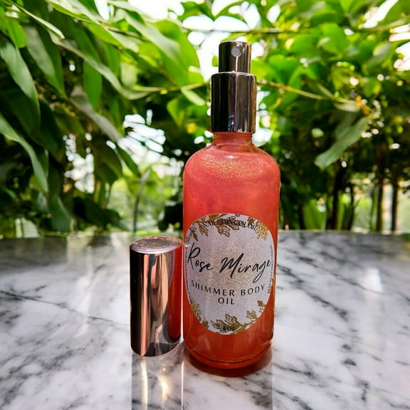Rose Mirage Shimmer Body Oil by NailedInColor, 3.4 Fl oz for Women, Teens, Ladies, Lightweight Spray Pink to Shimmery Fine glitter
