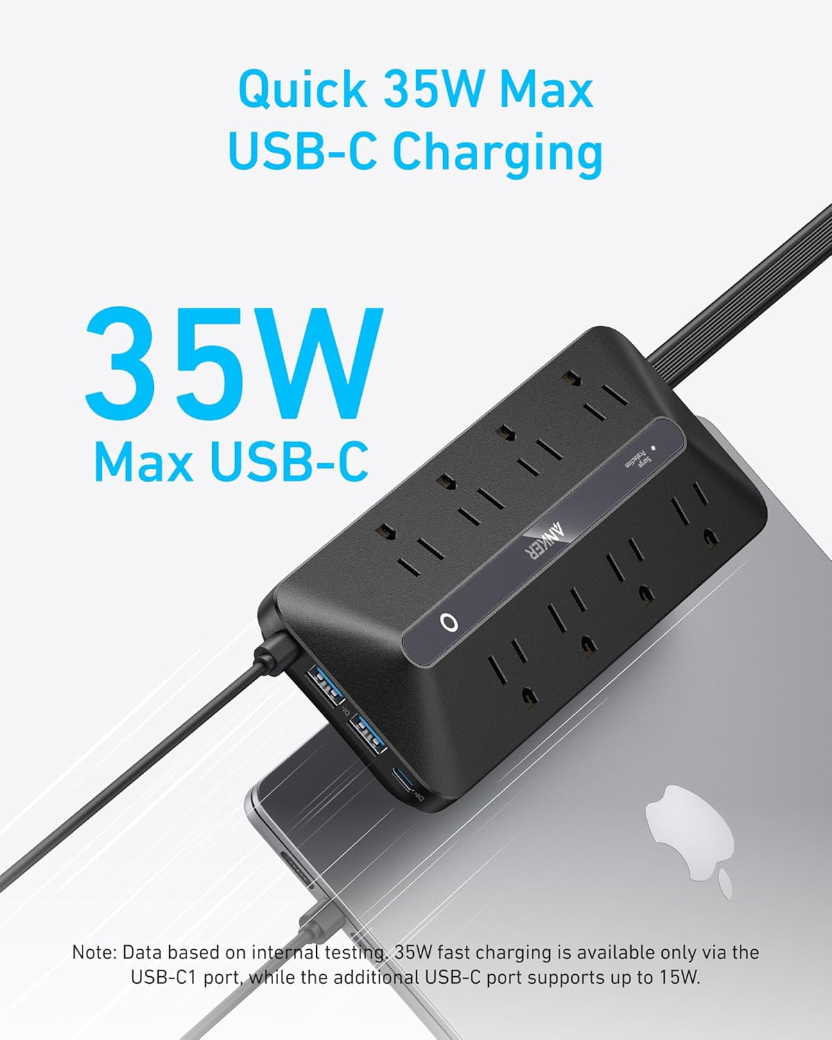 Anker Flat Plug Power Strip, 12-in-1 USB-C Power Strip with 8 AC Outlets, 2 USB-C, 2 USB-A Ports, 5 feet Extension Cord, 35W Max