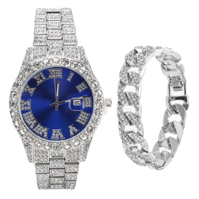Reloj plateado, reloj plateado Reloj grande con calendario azul Reloj de cuarzo Características de vanguardia