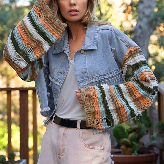 Vedolay Women Tops Women's Casual Denim Jacket with Fringe Rhinestones Denim Jean Jacket,Blue M