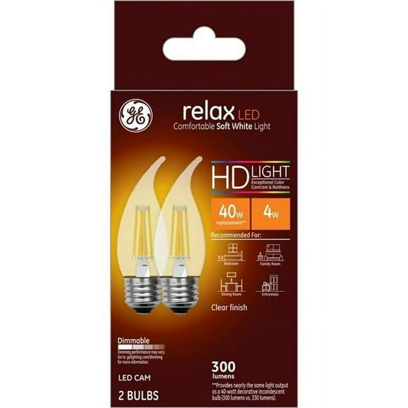 GE Relax HD Soft White 40W, Clear Candle Lights, CA11 Light Bulbs (2 Pack)