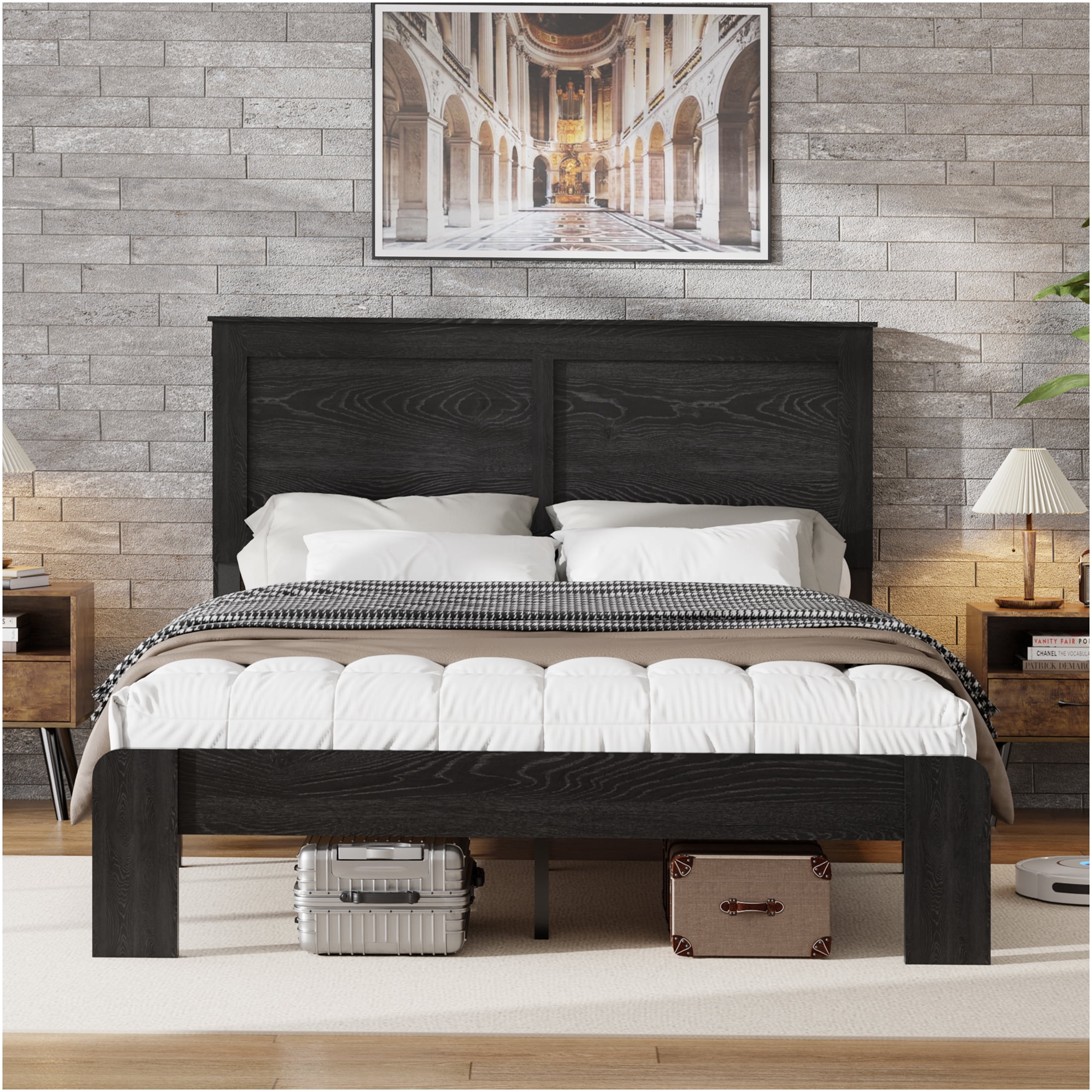 JERFIT King Size Bed Frame with Storage, Antique Black Wood Platform Bed, Noise Free Heavy Duty Metal Frame, No Box Spring Needed, Easy Assembly Tool