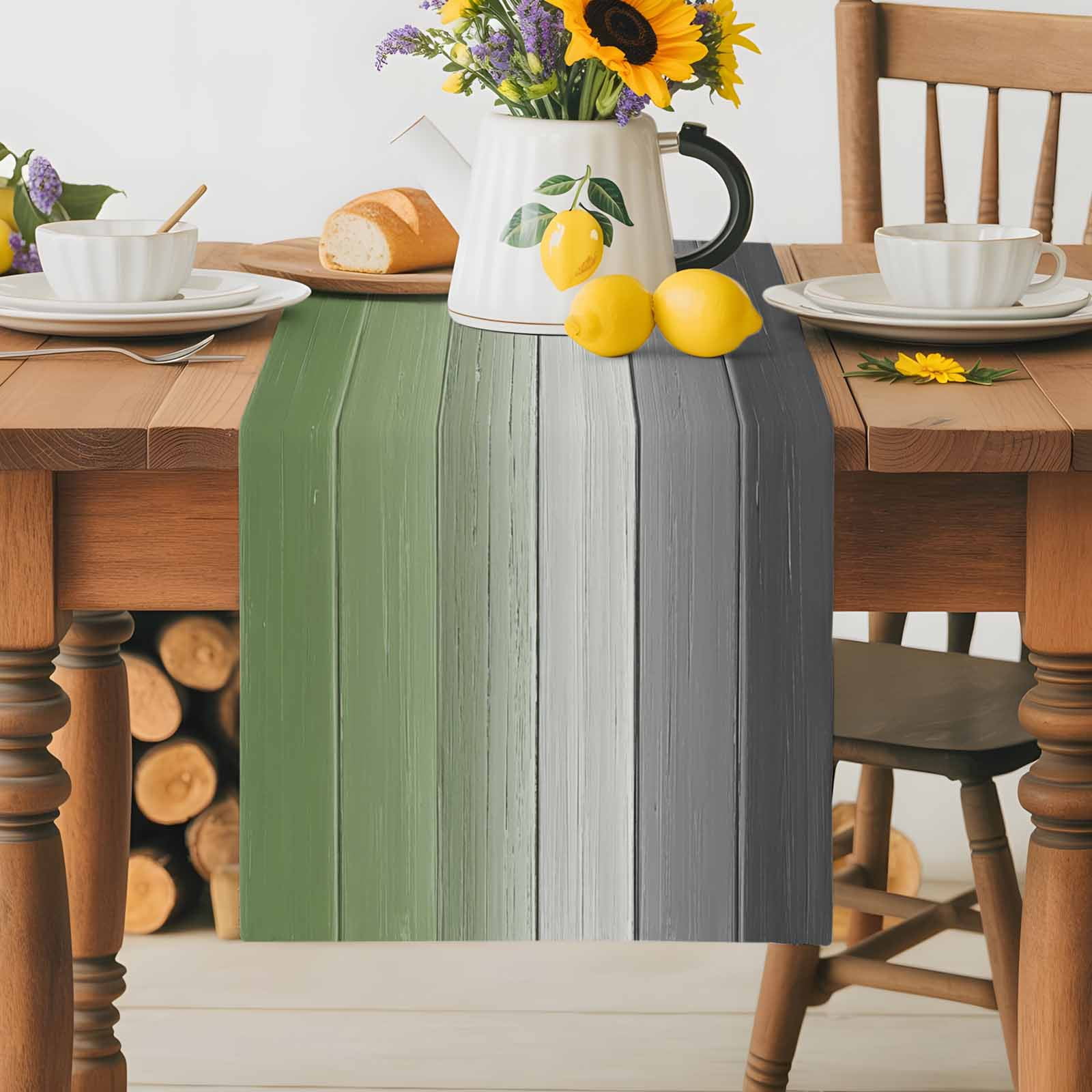 Sage Green Gray Ombre Cotton Linen Table Runner for Dining Kitchen, Vintage Country Wooden Wedding Outdoor Party Tablerunners Decoration, Dresser Scarf Coffee Tablecloth Runners 13x90 Inches