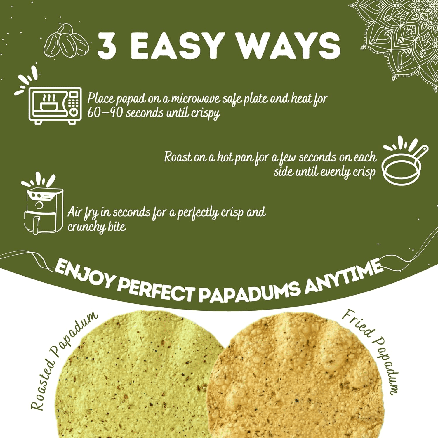 Pride of India - Pack of 6 - Mung Bean Papadum, Plant-Based Protein Crisps, 10 Count, 3.53 oz, Vegan, Gluten-Free