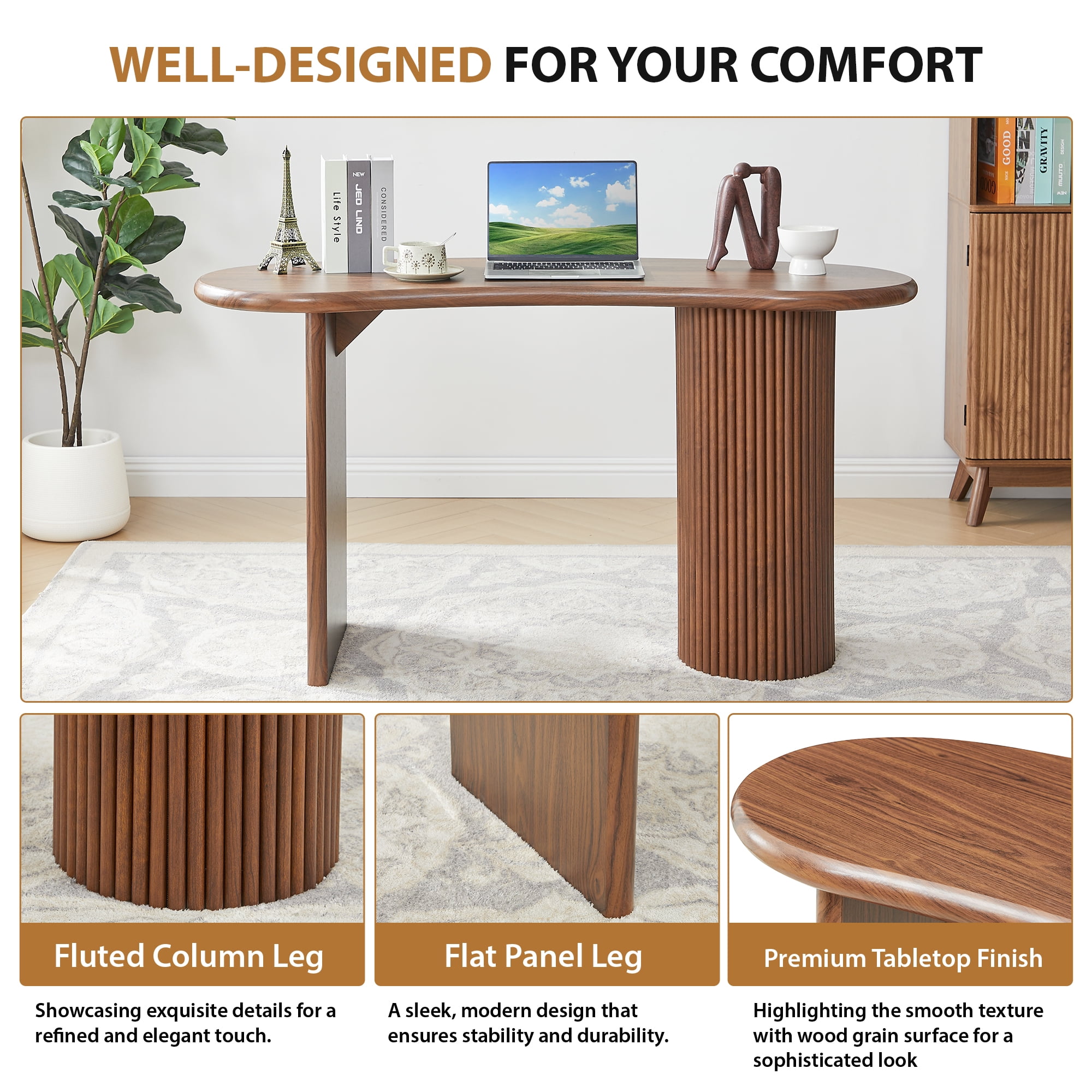Wirrytor 53 Inch Curved Desk with Fluted Legs, Oval Small Computer Desk for Bedroom Corner, Modern Home Office Writing Vanity Table for Kids and Adults, Space Saving Corner Study Desk Unit