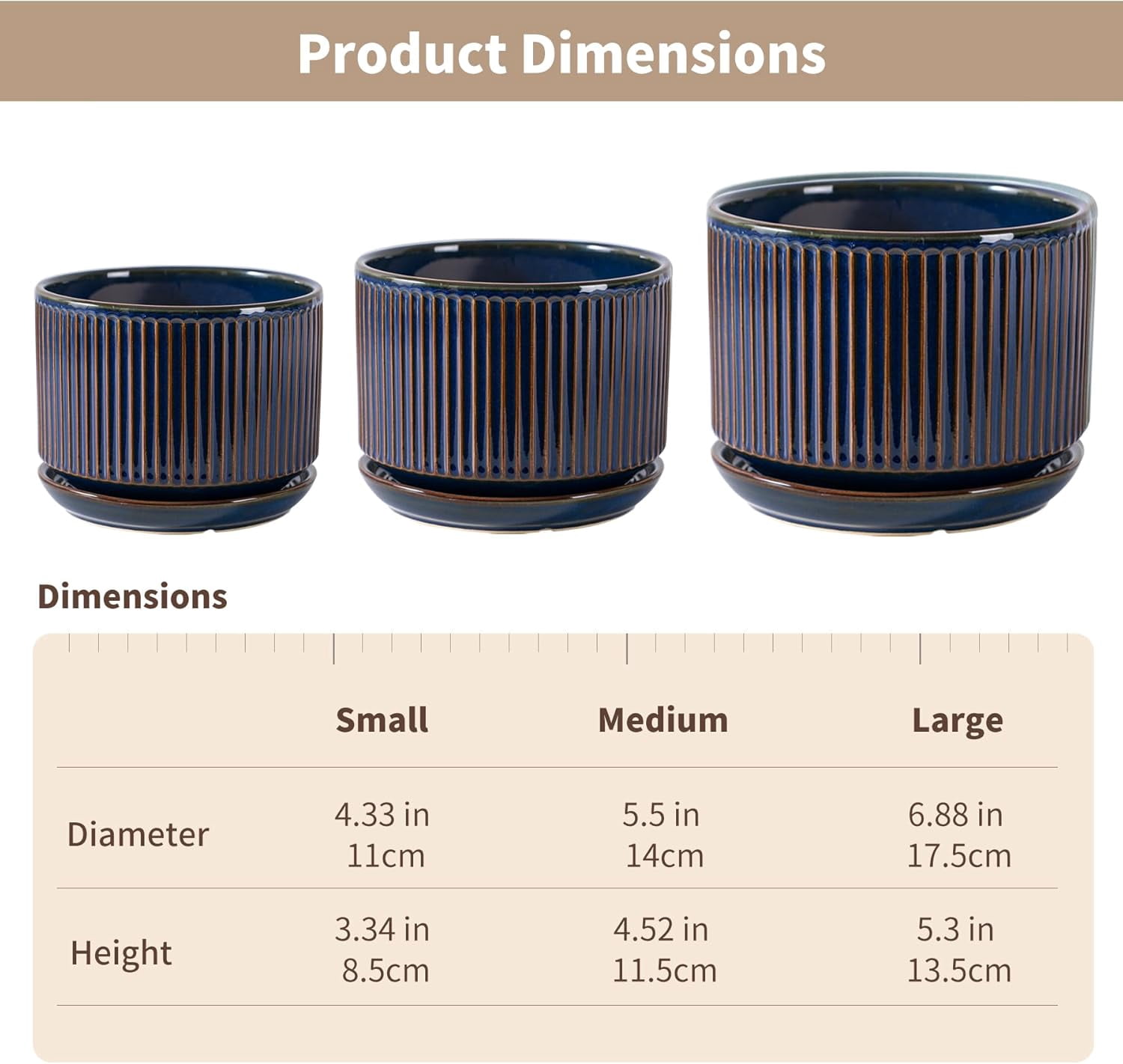 Speckle Gray Ceramic Plant Pot Set of 3 with Saucers, 4.3-6.7 Inch Indoor Flower Pots with Drainage Holes and Pads, Decorative Striped Planter Set for House Plants and Gardening