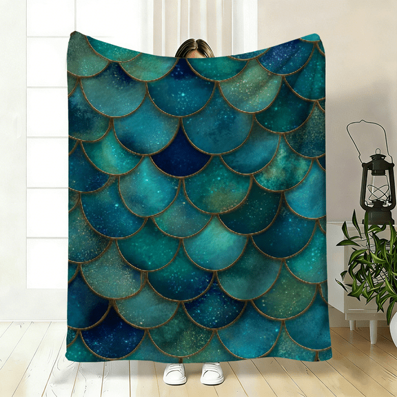 Blue Green Fish Scale Pattern Flannel Throw Blanket, Fantasy Underwater Design Soft Cozy Warm All-Season Blanket for Bed Couch Sofa.