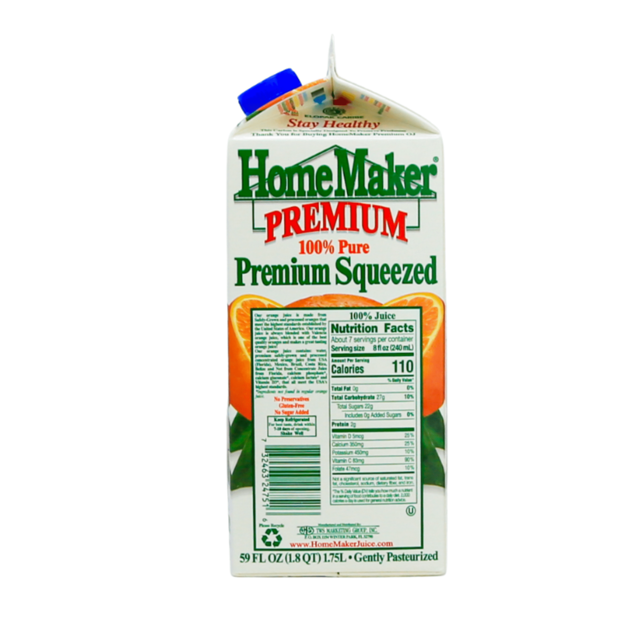 HomeMaker, 100% Premium, Calcium & Vitamin D Orange Juice, Refrigerated Light 59 fl oz Carton Box