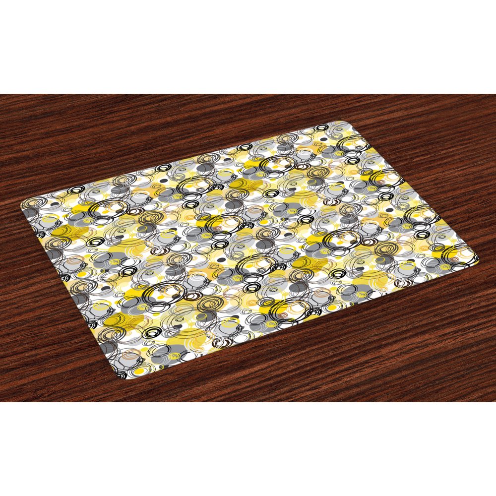 Grey and Yellow Placemats Set of 4 Hand Drawn Sketchy Geometrical Retro