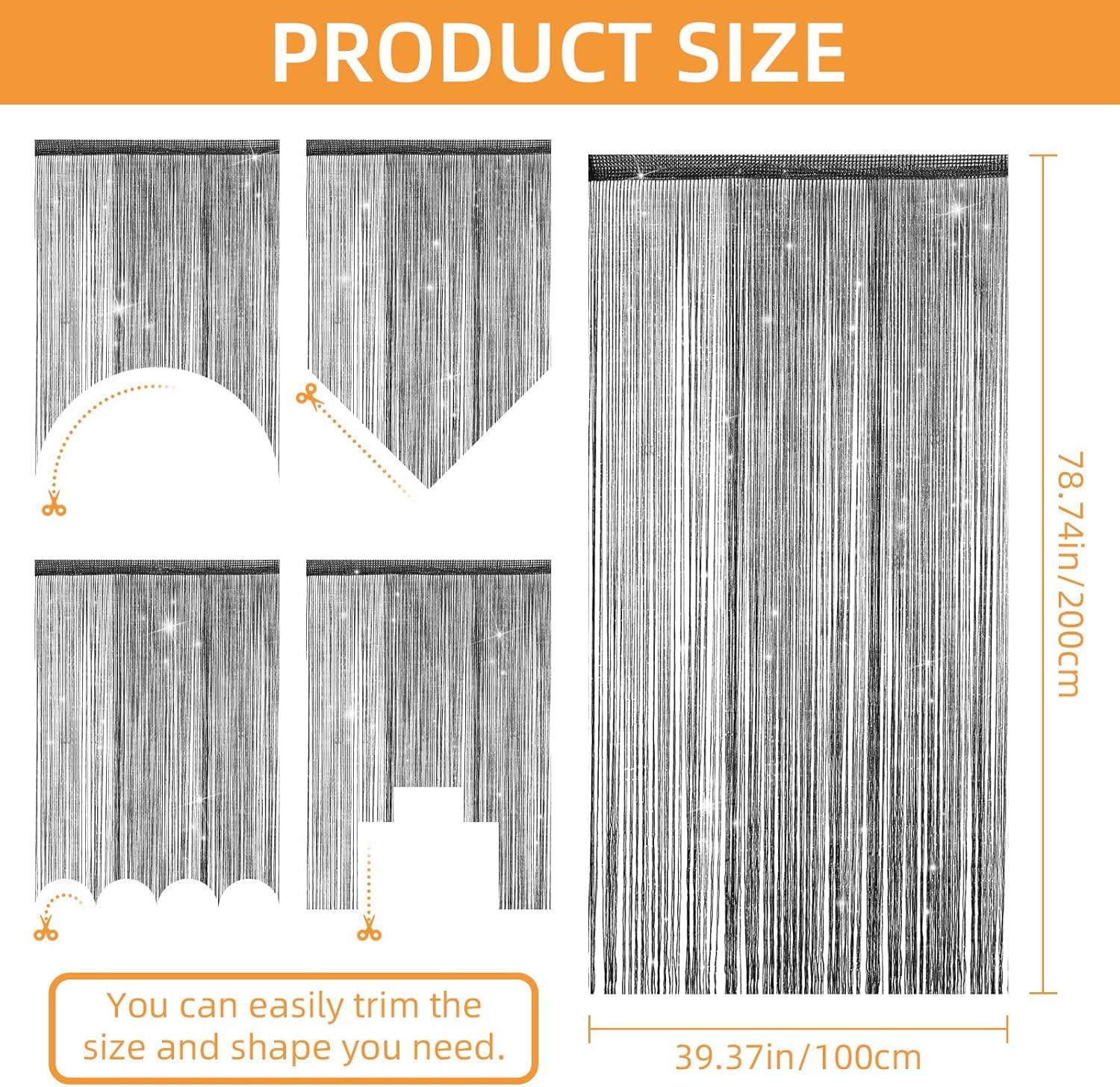 4 Pieces Glitter String Curtains Doorway Beads Curtains, 39 x 79 Inch Hanging Fringe Hippie Room Divider Door String Curtain Boho Doors Tassel for Doorways, Windows, Closet, Privacy Decor (Black)