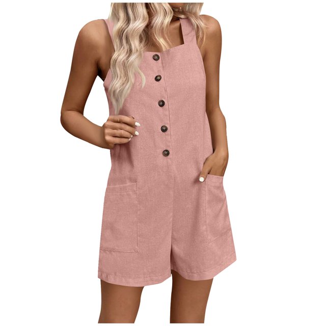 Womens Jumpsuits Summer Square Neck Button Sleeveless Jumpsuit Rompers Adjustable Waist Romper with Pockets
