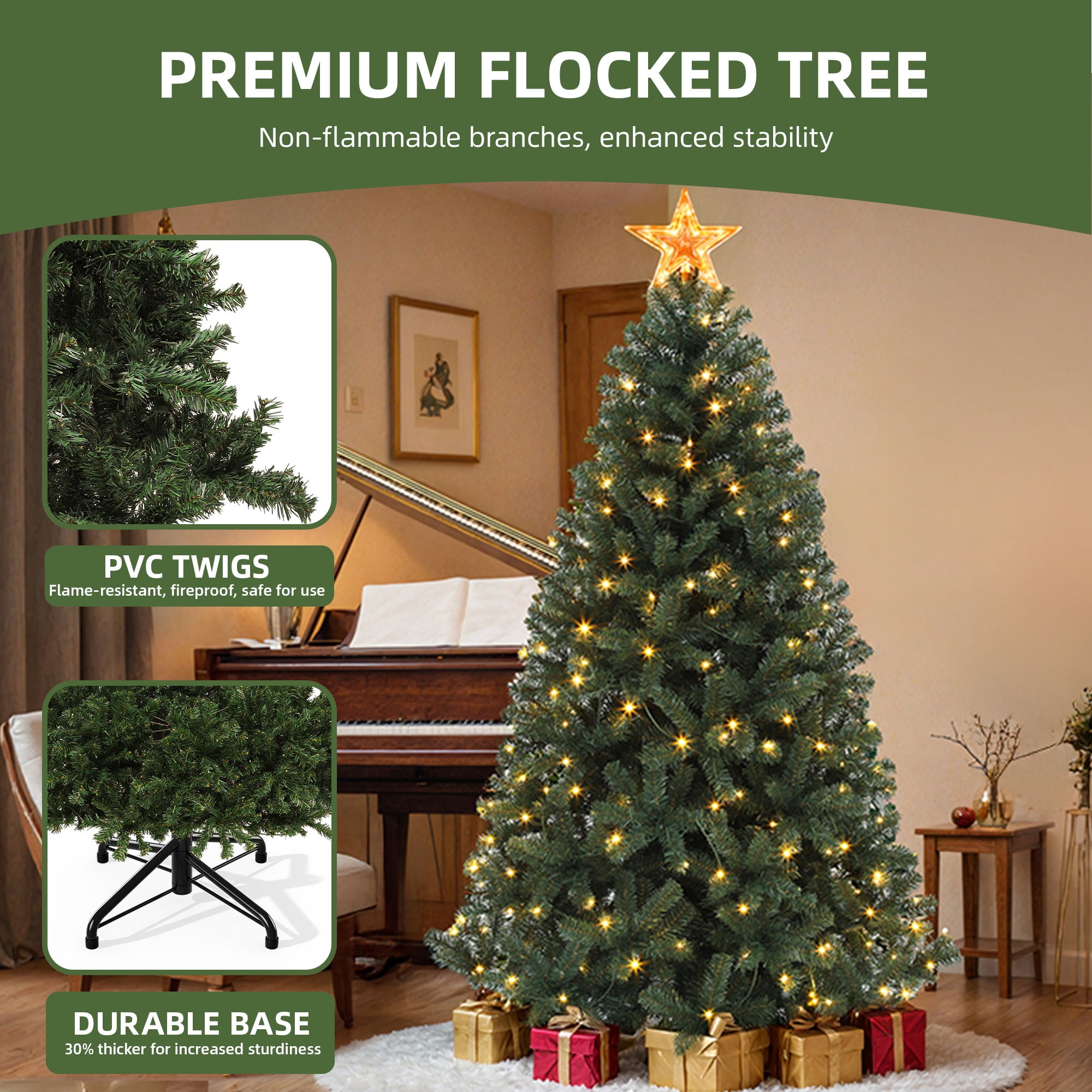 Uforic 6ft Pre-Lit  Artificial Christmas Tree with 1000 Branch Tips&250 Warm Lights, Remote Control, Green