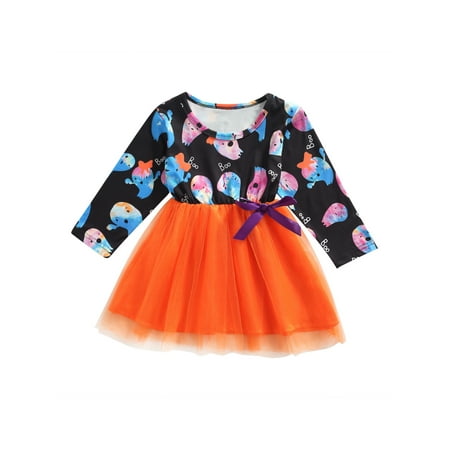 

TheFound Toddler Baby Girl Halloween Outfits Boo Ghost Print Long Sleeve Tulle Tutu Dress Fall Clothes