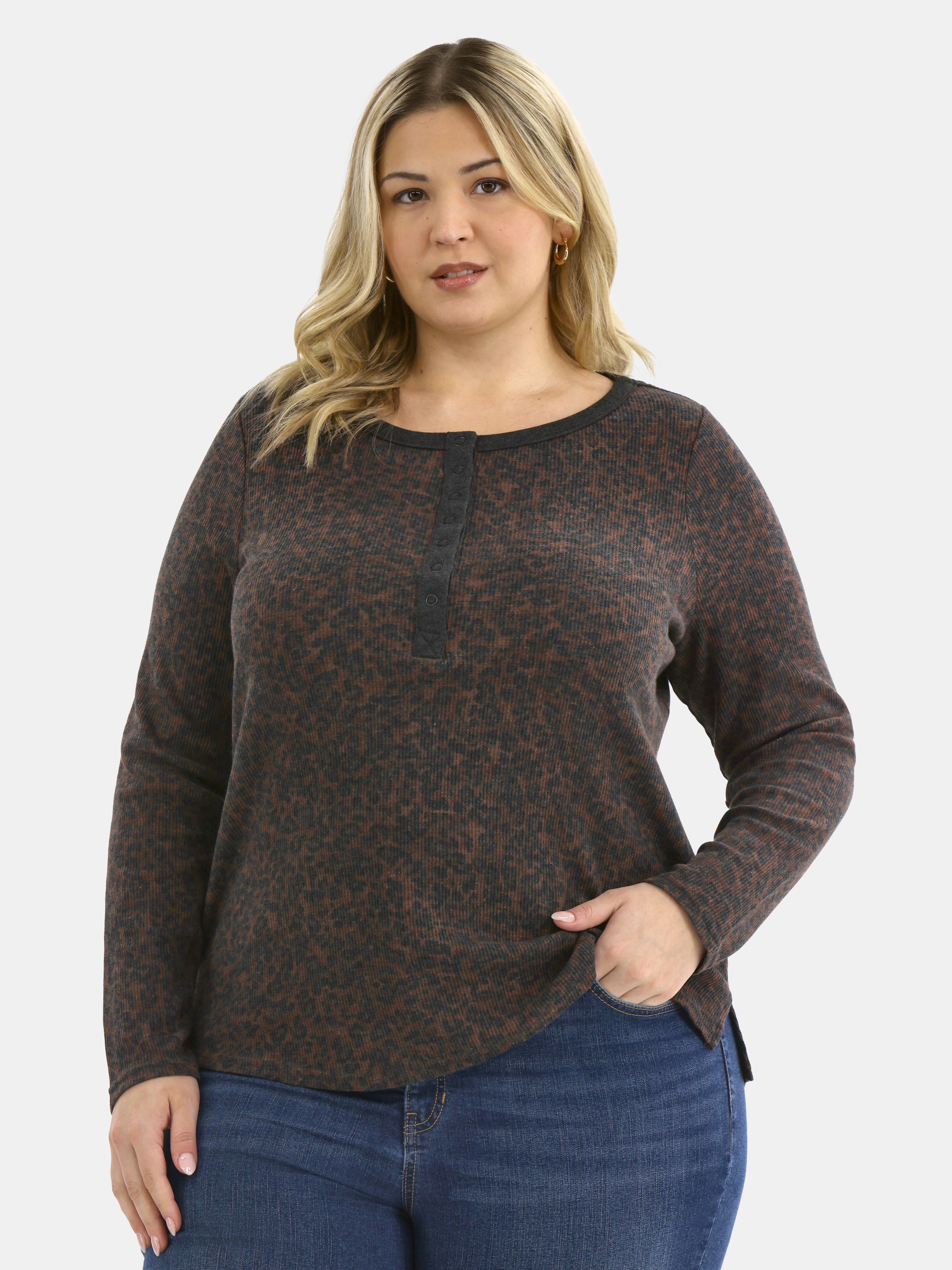 Terra & Sky Women’s Plus Waffle Henley 2 Pack, Sizes 0X-5X