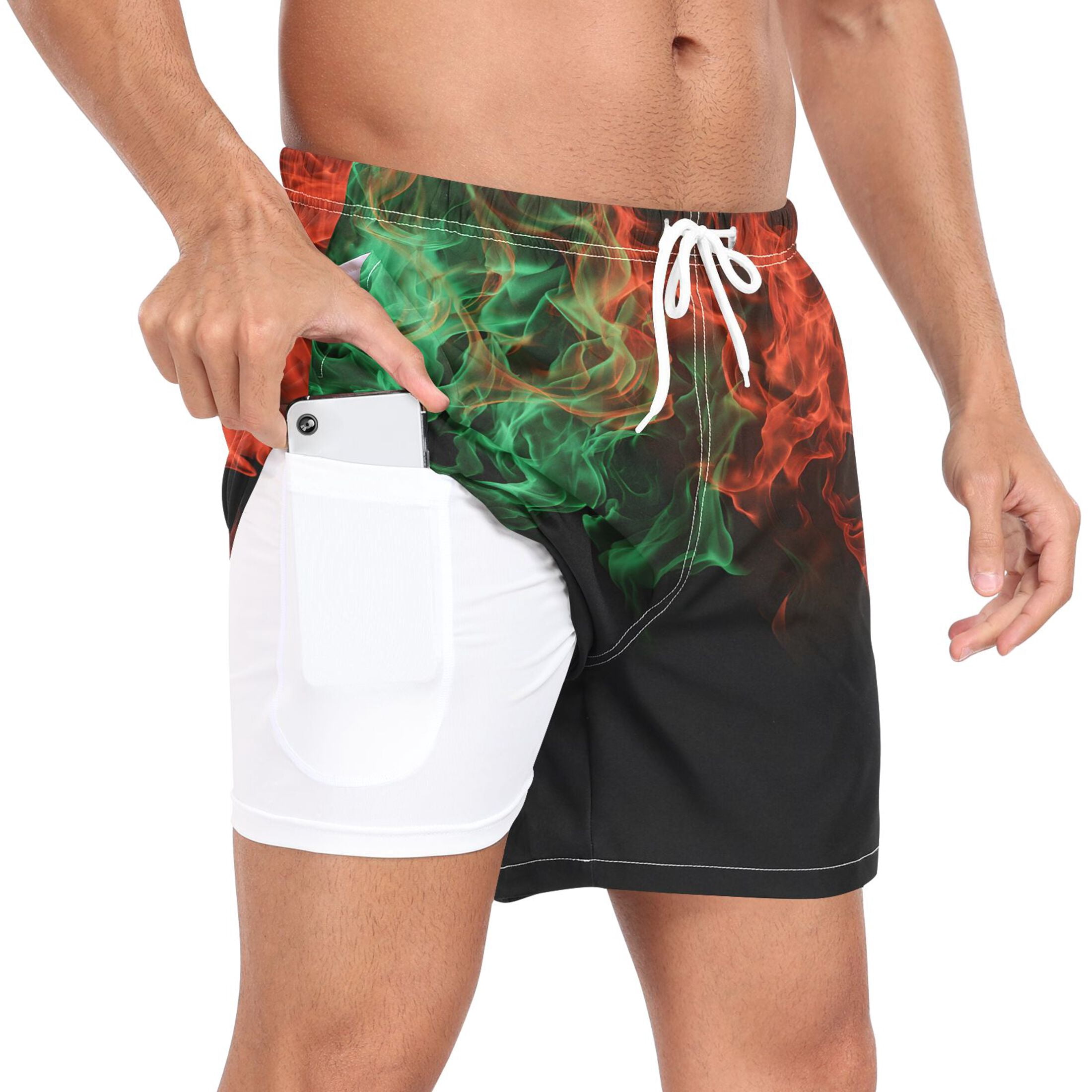 joogoo Men's Red Green Flames Swim Trunks with Liner Pocket Beach Shorts Large
