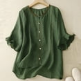 thumbnail image 2 of jtjvou Linen Shirts for Women Summer Embroidery Blouses with 3/4 Sleeve Elegant Petal Cuff Trendy V Neck Plain Tops,Green,L, 2 of 6