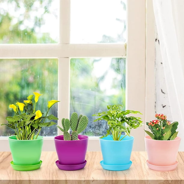 Lot de 8 petits pots de fleurs en plastique de 12,2 cm avec soucoupes, pots  de pépinière pour semis avec palettes pour plantation de jardinage –  Couleur aléatoire. 