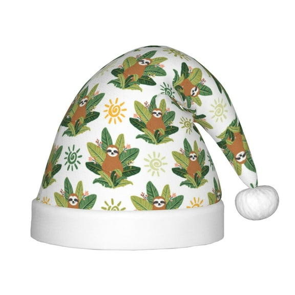 Rateoe Sloth Sitting Tropical Leaves Santa Hat Confortable Christmas Hat for Christmas Party Favors Fit for Kids