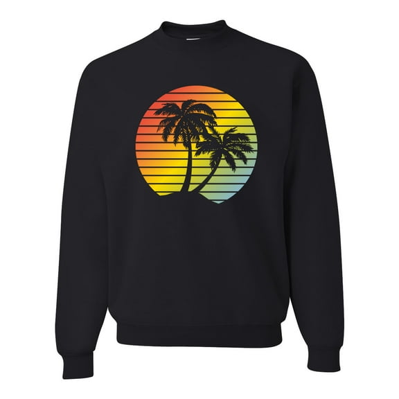 Two Coconut Palm Trees Beach Sunset | Mens Pop Culture Crewneck Graphic Sweatshirt, Black, Small