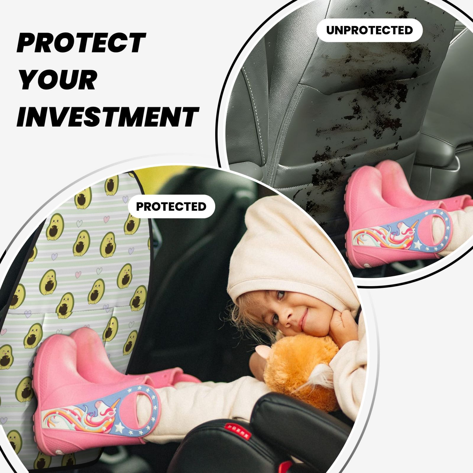 Xecao Avocado of a Hear Pattern Car Seat Back Protector 2 Pack Large Capacity Pocket, Kick Mats Back Seat Protector