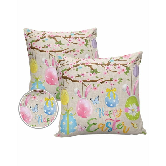 Pack of 2 Outdoor Pillow Covers, Happy Easter Spring Color Eggs with Flowers Waterproof Square Throw Pillowcase Cushion Decorative Pillow Covers for Couch Patio Tent, 20x20 in