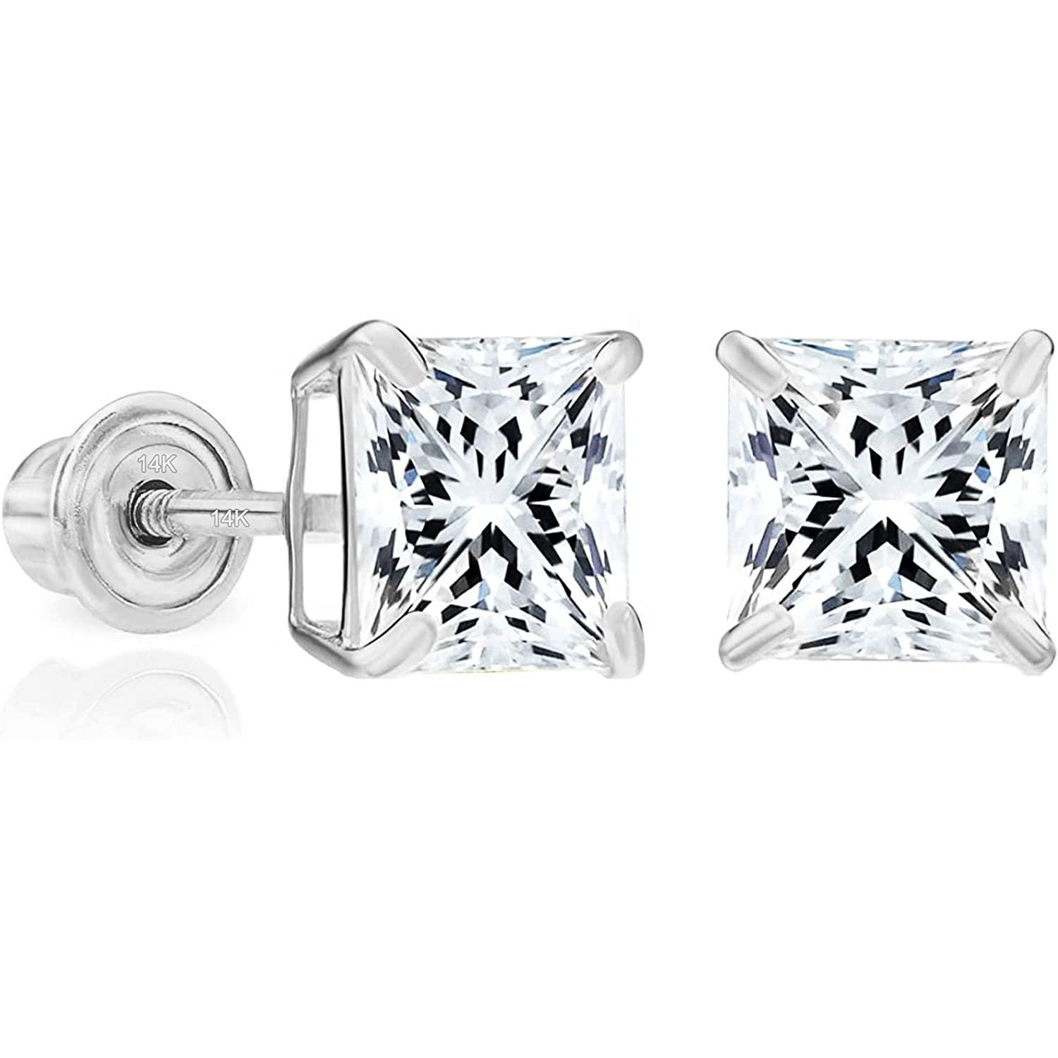 14k White Gold 5mm Cubic Zirconia Princess-cut Square Stud Earrings with Screw Backs