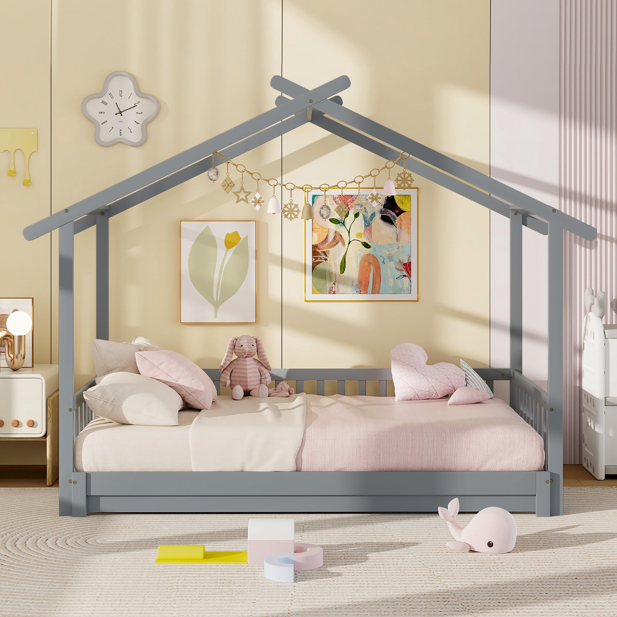 Gymax Wooden House Bed Twin to King Daybed w/ Safety Rails & Decorable Roof Gray