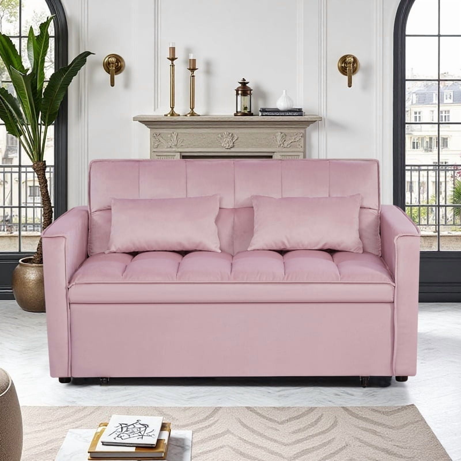 Gewnee 54" 3 in 1 Convertible Sleeper Sofa Bed,Velvet Pull Out Couch with Adjustable Backrest,Loveseat with Pillows & Pockets for Living Room,Apartment,Pink