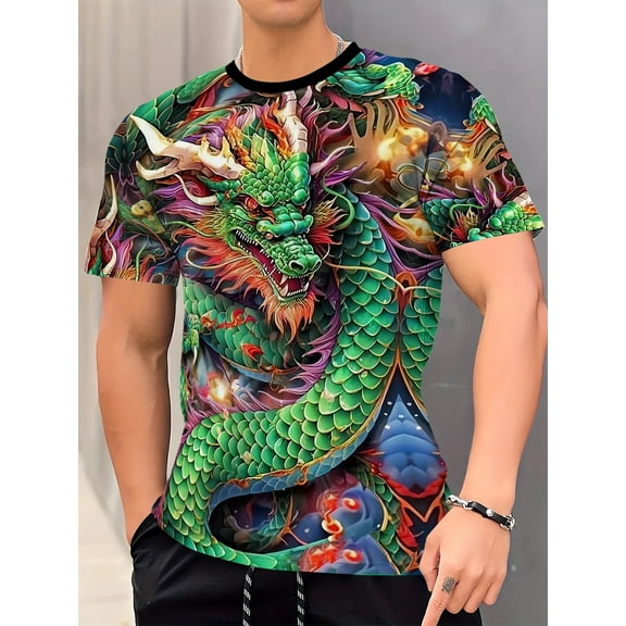 Men's Dragon Printed T-Shirt, Casual Short Sleeve Round Neck T-Shirt, Men's Outdoor Wear